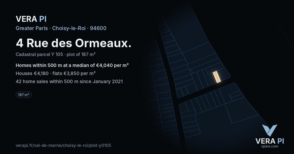 4 Rue des Ormeaux, Choisy-le-Roi at night – the plot lit, the parcels around coloured by the prices near them