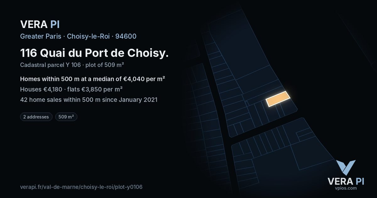 116 Quai du Port de Choisy, Choisy-le-Roi at night – the plot lit, the parcels around coloured by the prices near them
