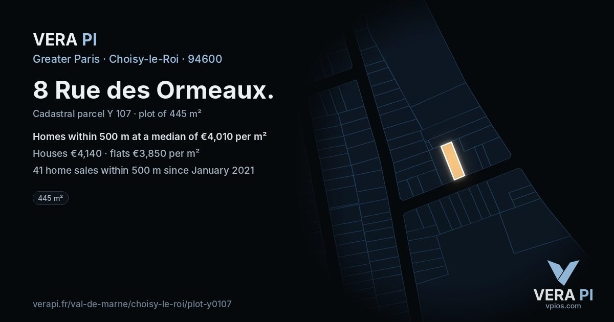 8 Rue des Ormeaux, Choisy-le-Roi at night – the plot lit, the parcels around coloured by the prices near them