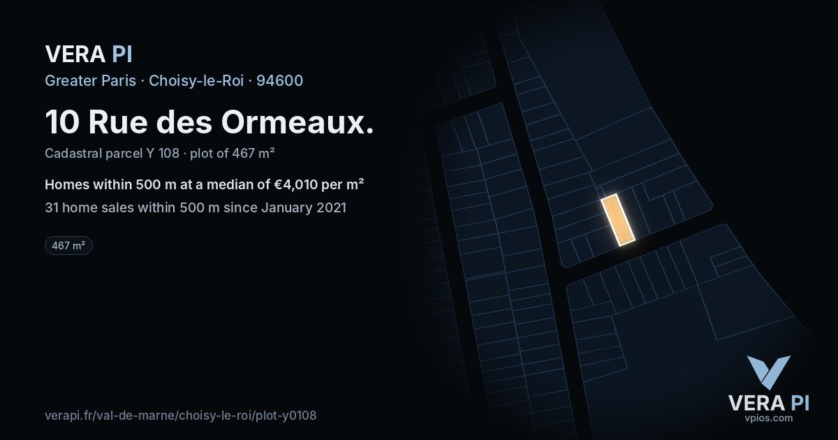 10 Rue des Ormeaux, Choisy-le-Roi at night – the plot lit, the parcels around coloured by the prices near them