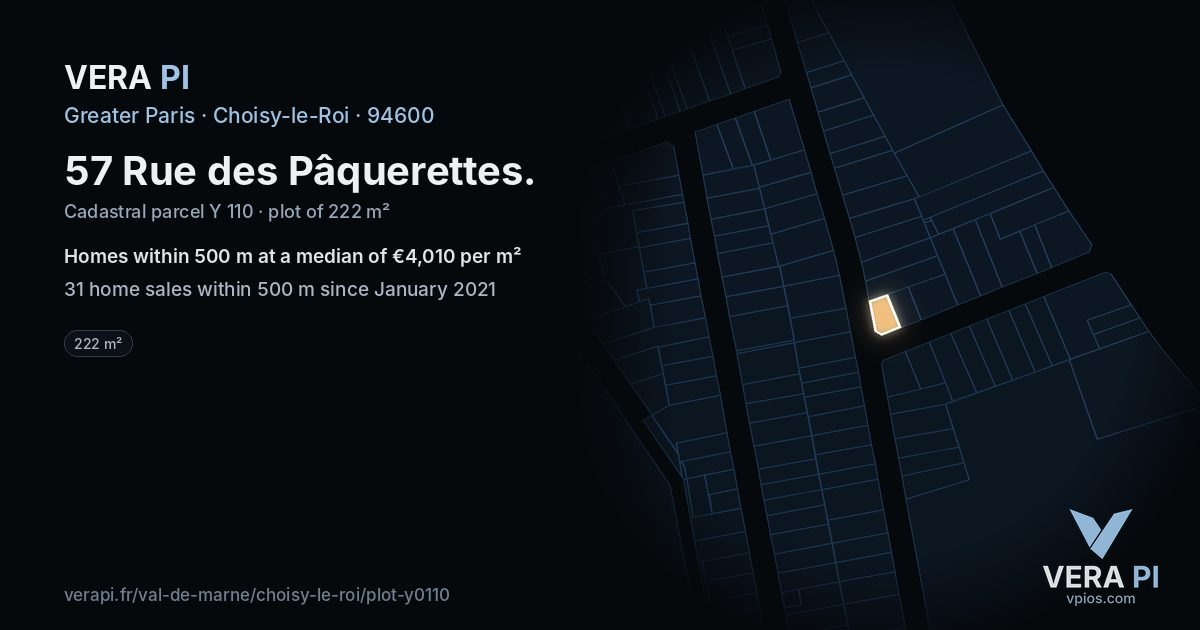 57 Rue des Pâquerettes, Choisy-le-Roi at night – the plot lit, the parcels around coloured by the prices near them