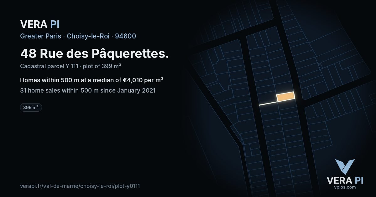 48 Rue des Pâquerettes, Choisy-le-Roi at night – the plot lit, the parcels around coloured by the prices near them