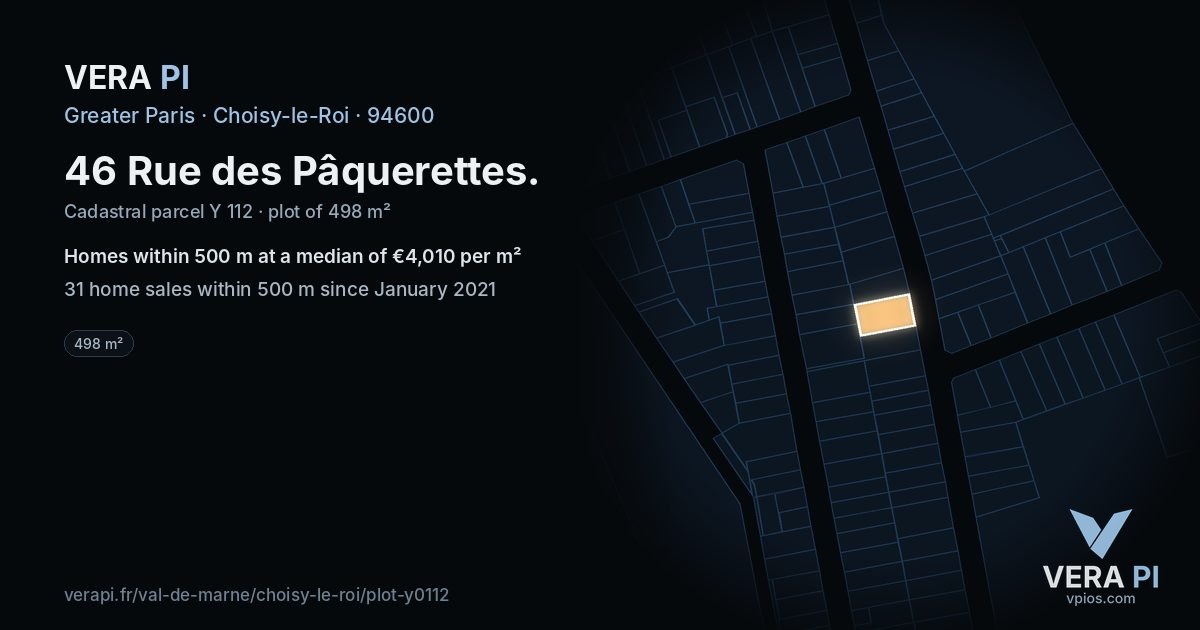 46 Rue des Pâquerettes, Choisy-le-Roi at night – the plot lit, the parcels around coloured by the prices near them