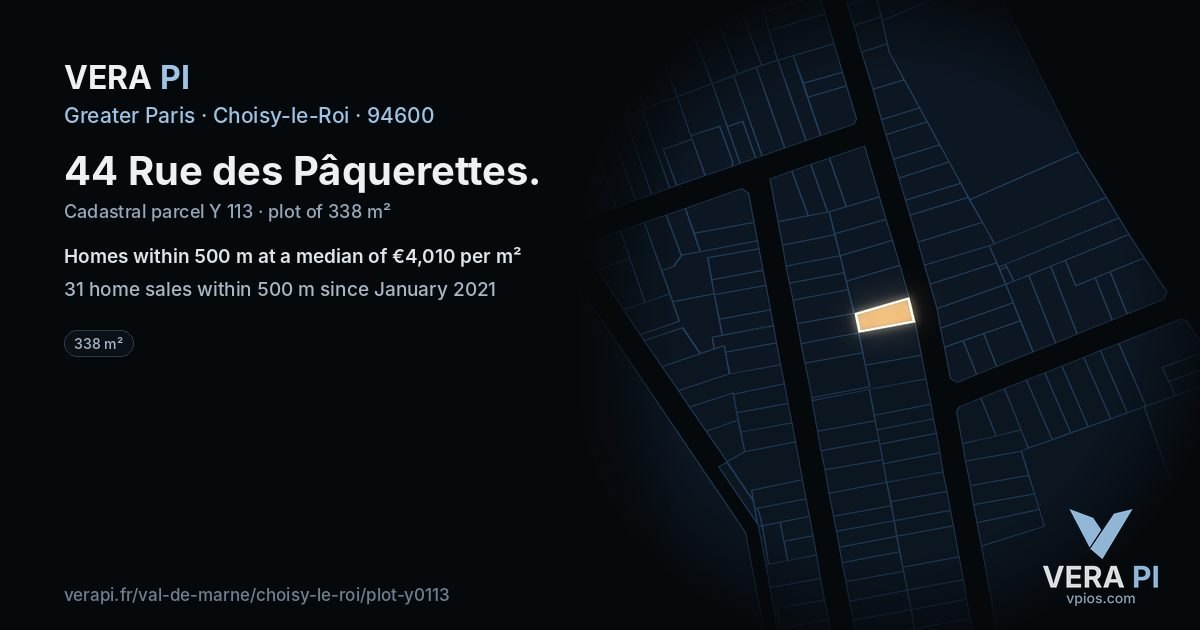 44 Rue des Pâquerettes, Choisy-le-Roi at night – the plot lit, the parcels around coloured by the prices near them