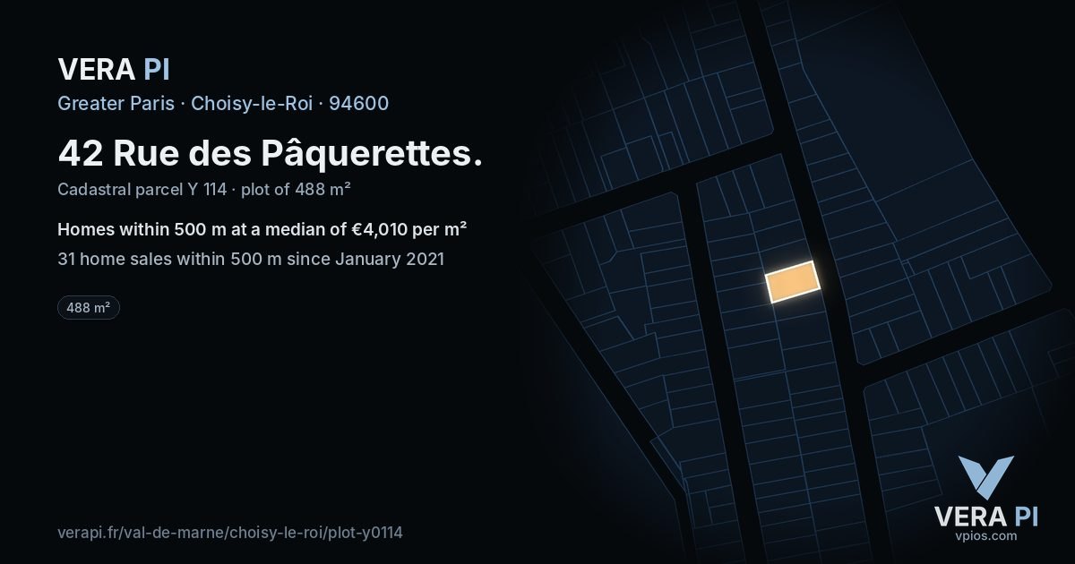 42 Rue des Pâquerettes, Choisy-le-Roi at night – the plot lit, the parcels around coloured by the prices near them