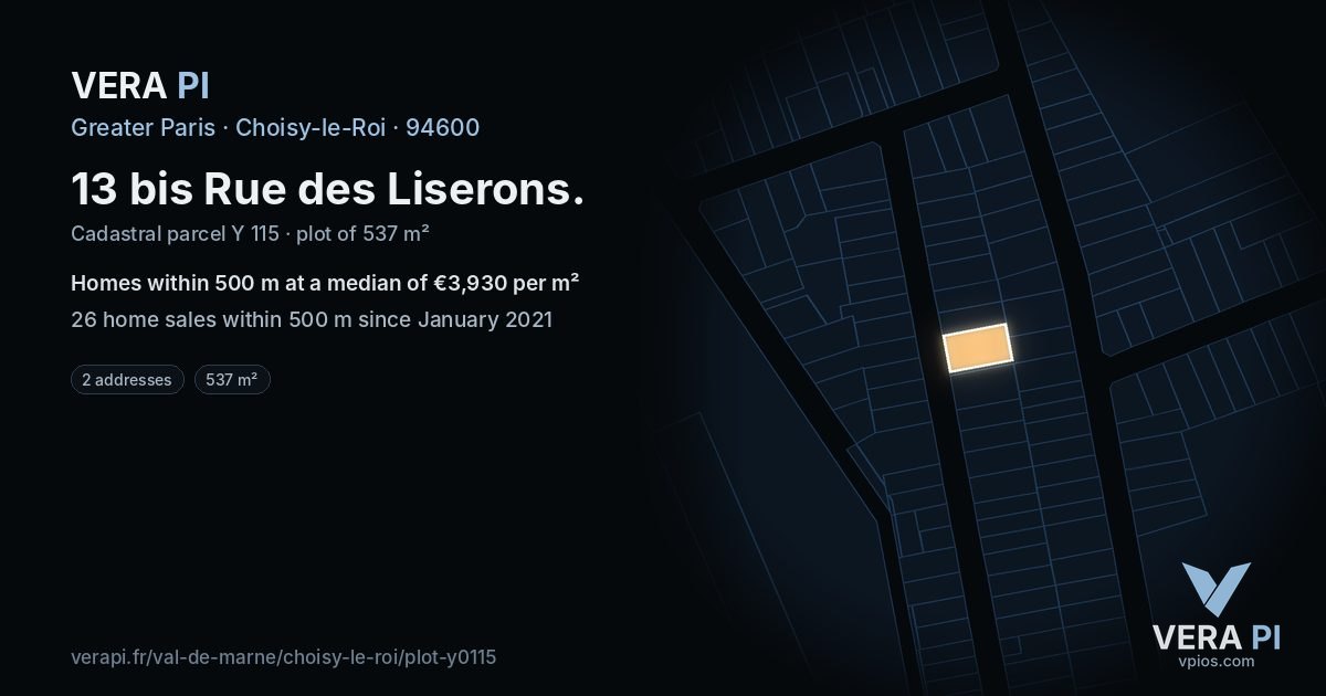 13 bis Rue des Liserons, Choisy-le-Roi at night – the plot lit, the parcels around coloured by the prices near them