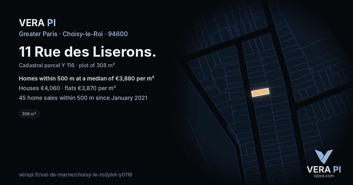 11 Rue des Liserons, Choisy-le-Roi at night – the plot lit, the parcels around coloured by the prices near them
