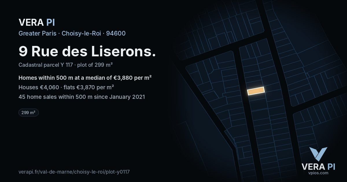 9 Rue des Liserons, Choisy-le-Roi at night – the plot lit, the parcels around coloured by the prices near them