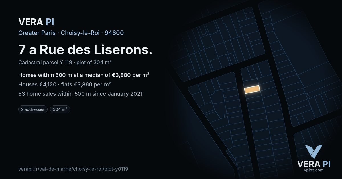 7 a Rue des Liserons, Choisy-le-Roi at night – the plot lit, the parcels around coloured by the prices near them