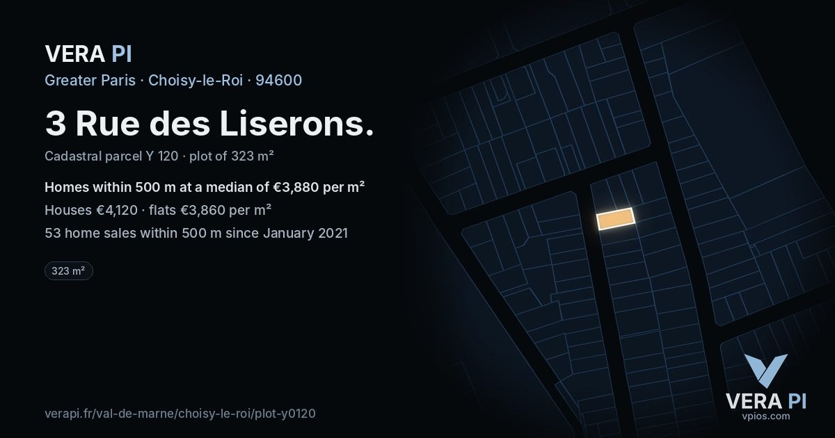 3 Rue des Liserons, Choisy-le-Roi at night – the plot lit, the parcels around coloured by the prices near them