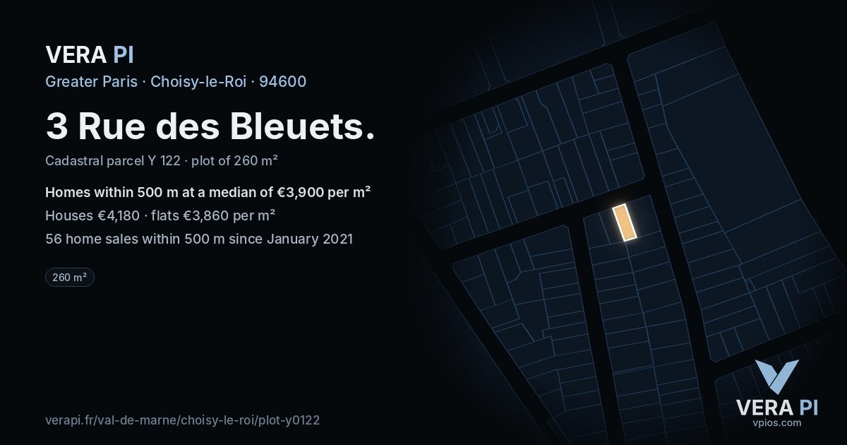 3 Rue des Bleuets, Choisy-le-Roi at night – the plot lit, the parcels around coloured by the prices near them