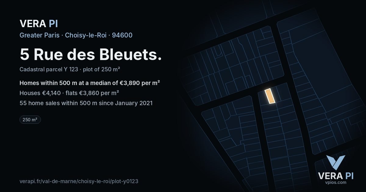 5 Rue des Bleuets, Choisy-le-Roi at night – the plot lit, the parcels around coloured by the prices near them