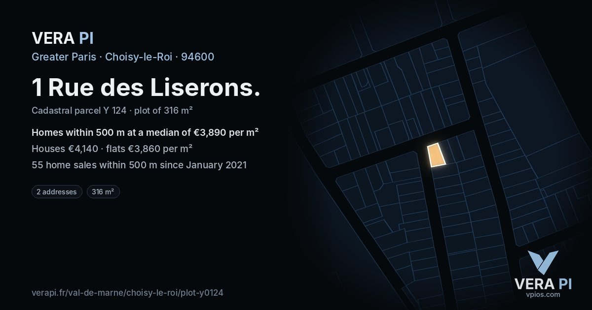 1 Rue des Liserons, Choisy-le-Roi at night – the plot lit, the parcels around coloured by the prices near them
