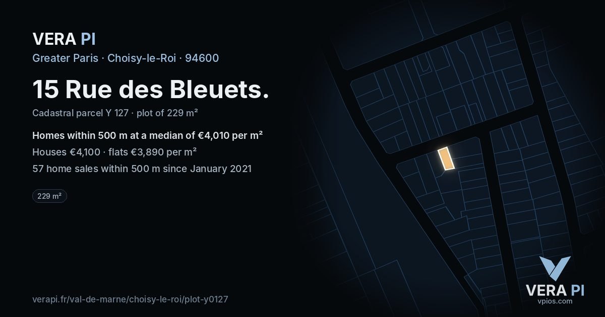 15 Rue des Bleuets, Choisy-le-Roi at night – the plot lit, the parcels around coloured by the prices near them