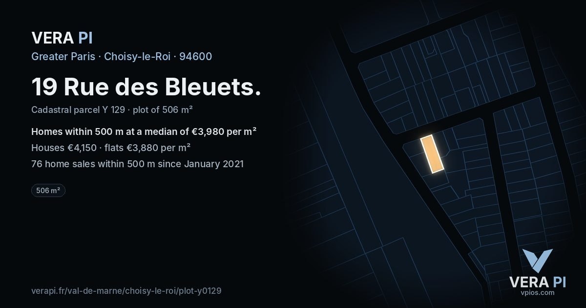 19 Rue des Bleuets, Choisy-le-Roi at night – the plot lit, the parcels around coloured by the prices near them
