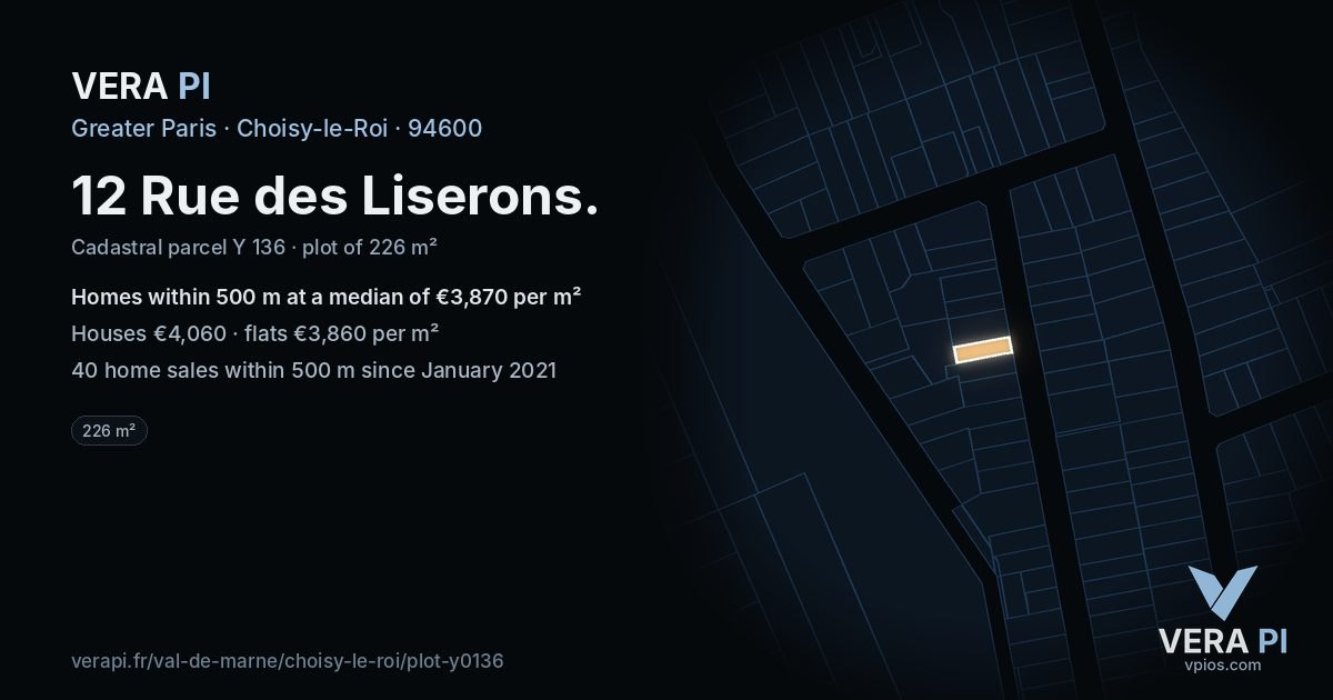 12 Rue des Liserons, Choisy-le-Roi at night – the plot lit, the parcels around coloured by the prices near them