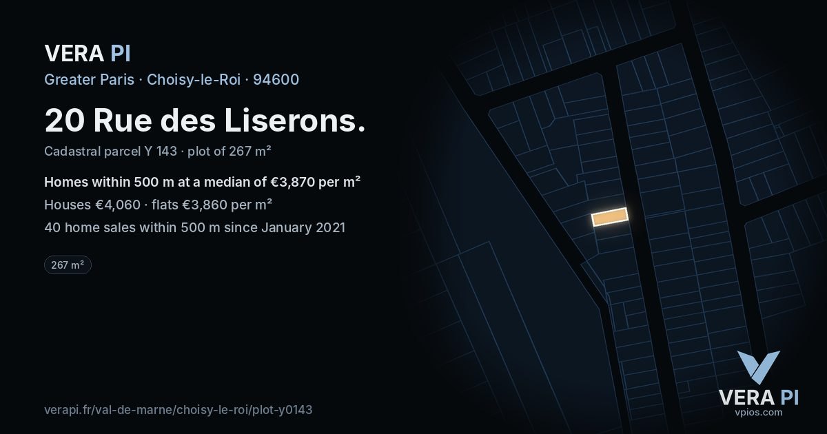 20 Rue des Liserons, Choisy-le-Roi at night – the plot lit, the parcels around coloured by the prices near them