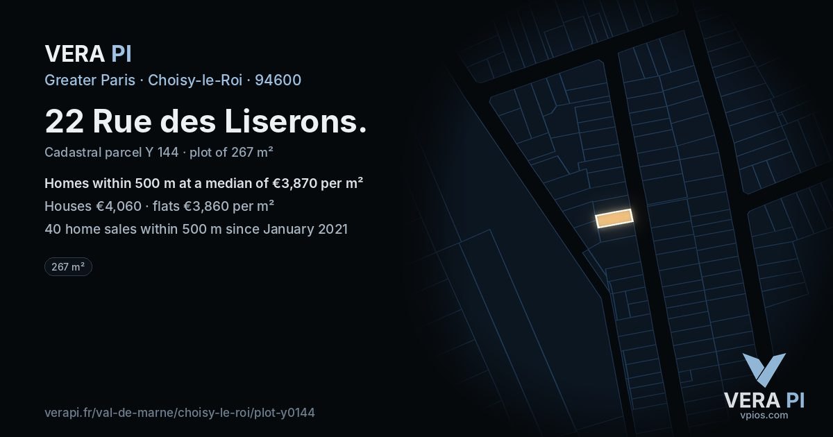 22 Rue des Liserons, Choisy-le-Roi at night – the plot lit, the parcels around coloured by the prices near them