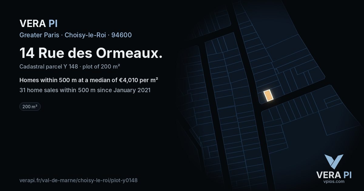 14 Rue des Ormeaux, Choisy-le-Roi at night – the plot lit, the parcels around coloured by the prices near them