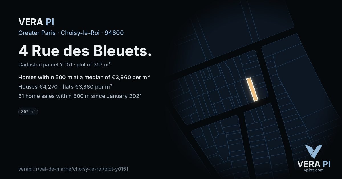 4 Rue des Bleuets, Choisy-le-Roi at night – the plot lit, the parcels around coloured by the prices near them