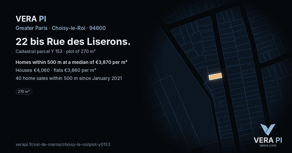 22 bis Rue des Liserons, Choisy-le-Roi at night – the plot lit, the parcels around coloured by the prices near them