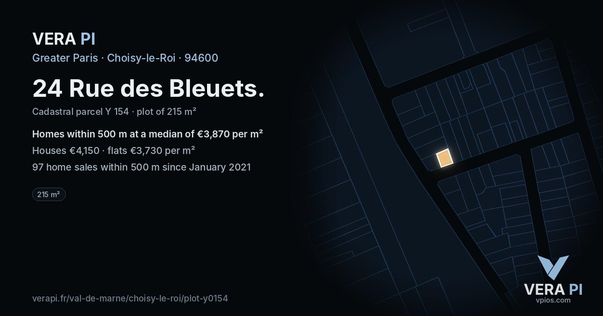 24 Rue des Bleuets, Choisy-le-Roi at night – the plot lit, the parcels around coloured by the prices near them