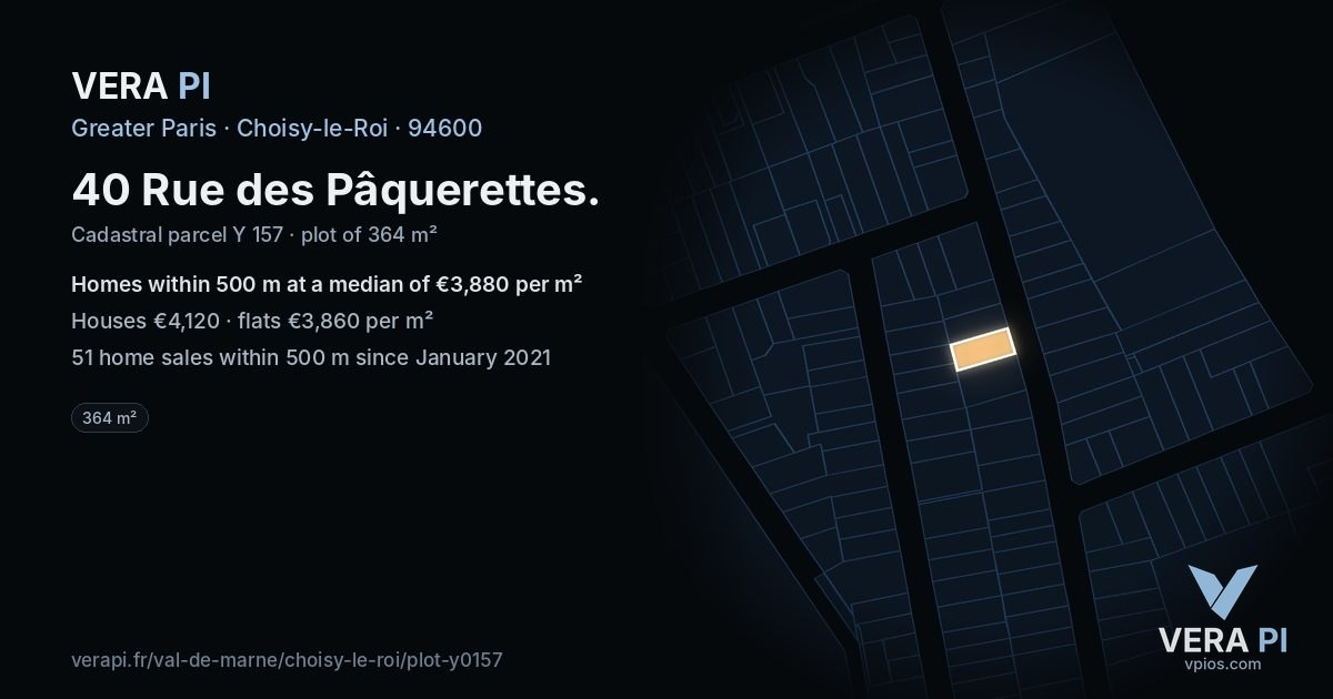 40 Rue des Pâquerettes, Choisy-le-Roi at night – the plot lit, the parcels around coloured by the prices near them