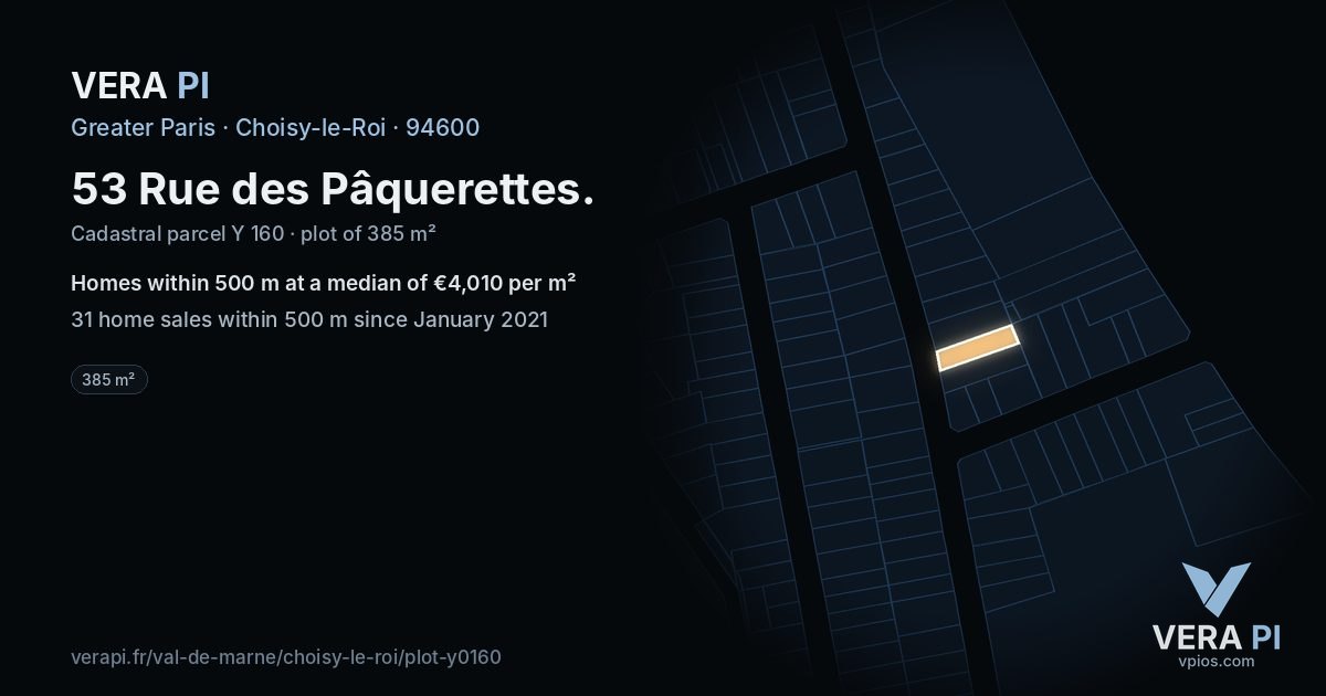 53 Rue des Pâquerettes, Choisy-le-Roi at night – the plot lit, the parcels around coloured by the prices near them
