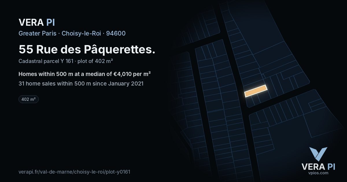 55 Rue des Pâquerettes, Choisy-le-Roi at night – the plot lit, the parcels around coloured by the prices near them