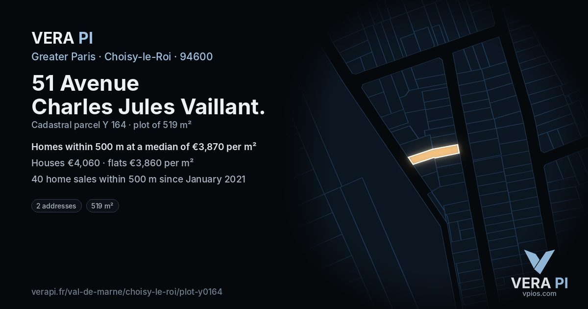 51 Avenue Charles Jules Vaillant, Choisy-le-Roi at night – the plot lit, the parcels around coloured by the prices near them