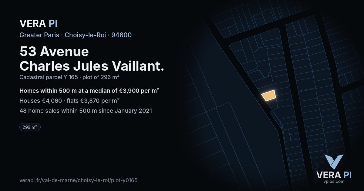 53 Avenue Charles Jules Vaillant, Choisy-le-Roi at night – the plot lit, the parcels around coloured by the prices near them