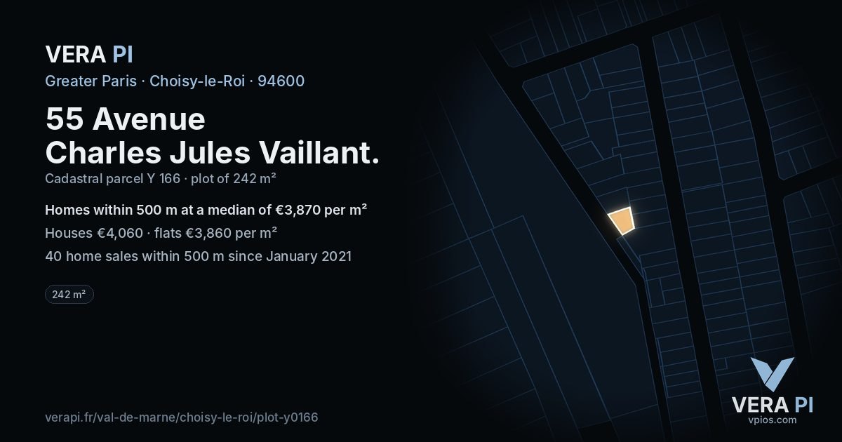 55 Avenue Charles Jules Vaillant, Choisy-le-Roi at night – the plot lit, the parcels around coloured by the prices near them