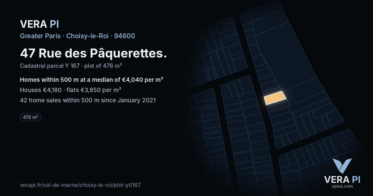 47 Rue des Pâquerettes, Choisy-le-Roi at night – the plot lit, the parcels around coloured by the prices near them