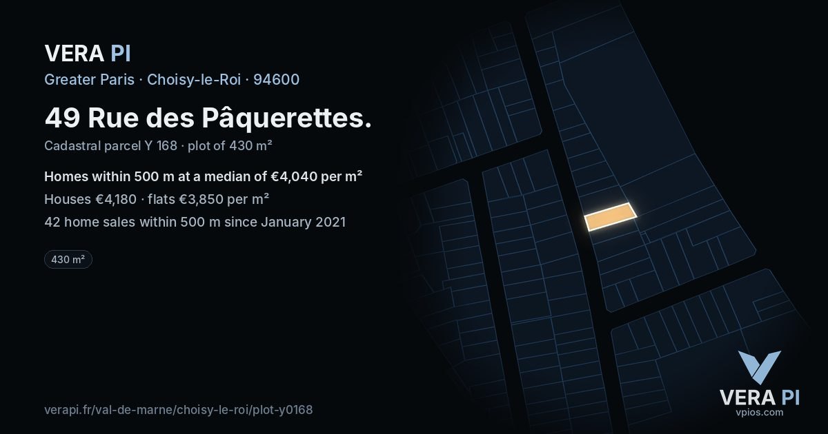 49 Rue des Pâquerettes, Choisy-le-Roi at night – the plot lit, the parcels around coloured by the prices near them