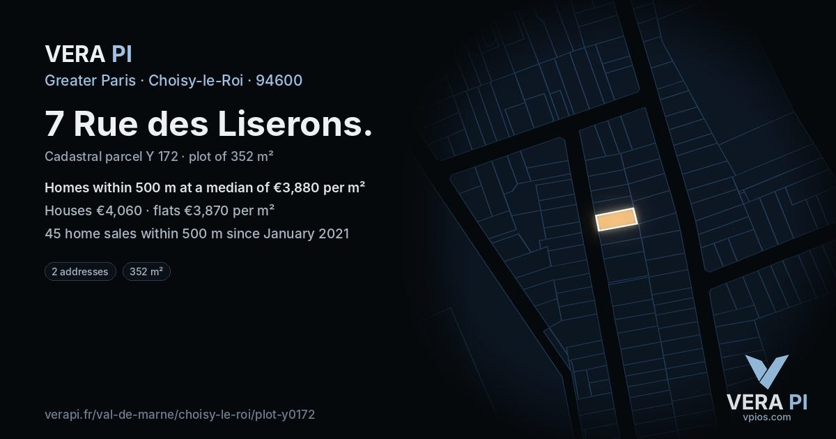 7 Rue des Liserons, Choisy-le-Roi at night – the plot lit, the parcels around coloured by the prices near them