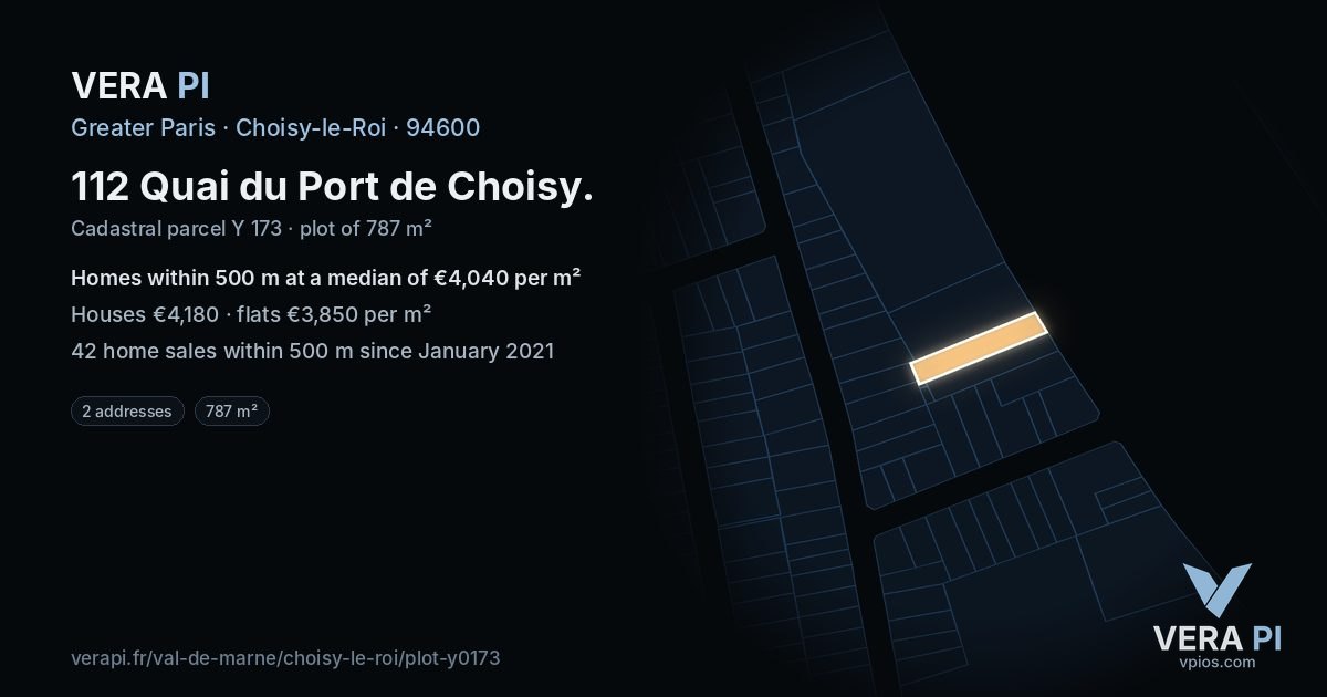 112 Quai du Port de Choisy, Choisy-le-Roi at night – the plot lit, the parcels around coloured by the prices near them