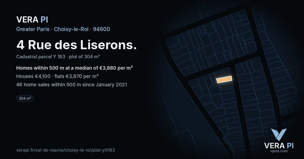 4 Rue des Liserons, Choisy-le-Roi at night – the plot lit, the parcels around coloured by the prices near them