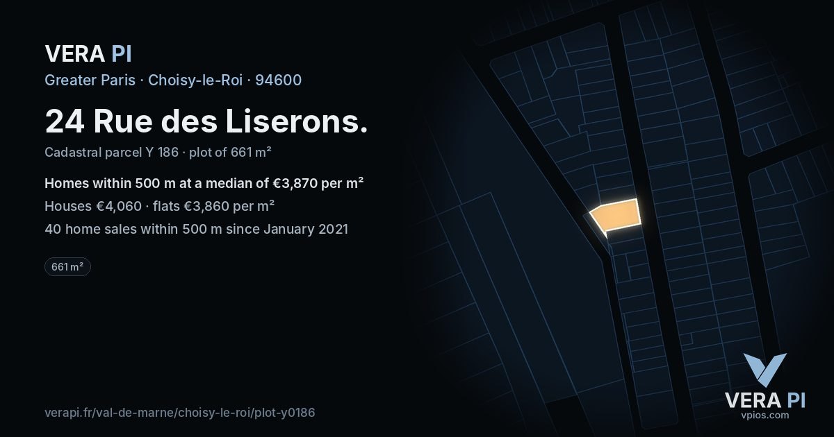 24 Rue des Liserons, Choisy-le-Roi at night – the plot lit, the parcels around coloured by the prices near them