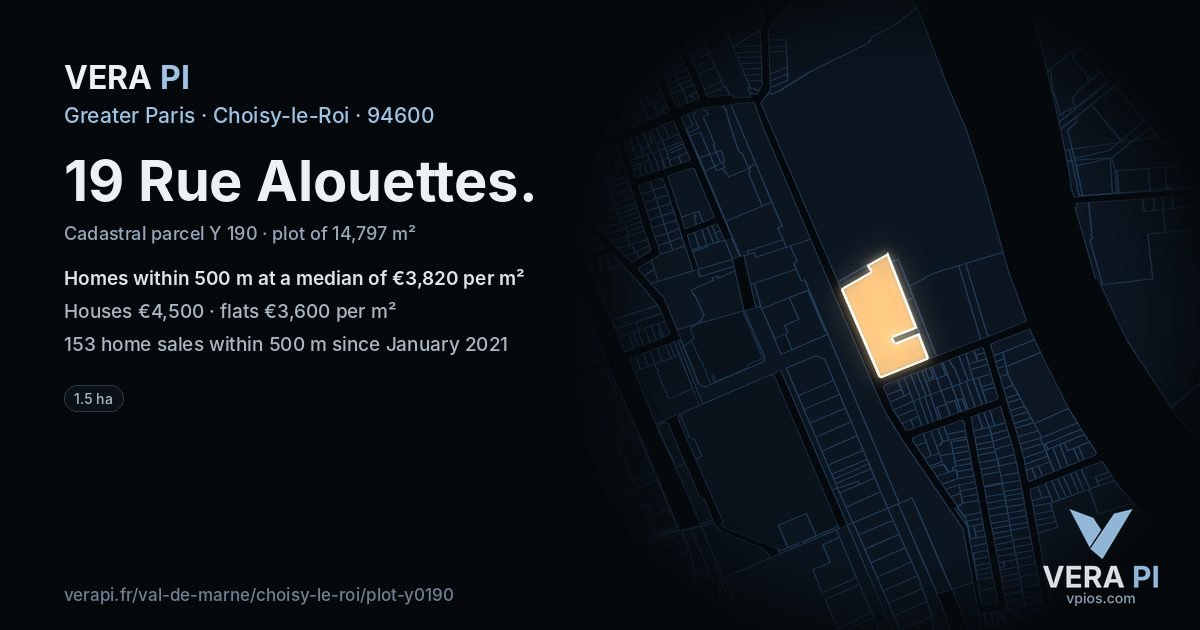 19 Rue Alouettes, Choisy-le-Roi at night – the plot lit, the parcels around coloured by the prices near them