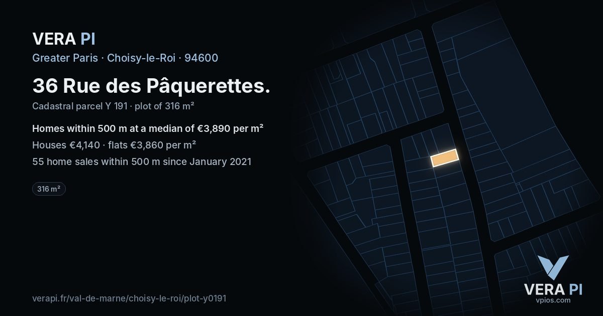 36 Rue des Pâquerettes, Choisy-le-Roi at night – the plot lit, the parcels around coloured by the prices near them