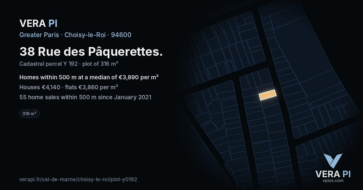 38 Rue des Pâquerettes, Choisy-le-Roi at night – the plot lit, the parcels around coloured by the prices near them