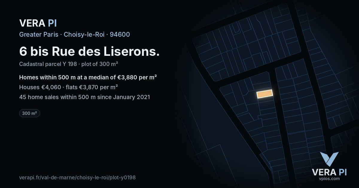 6 bis Rue des Liserons, Choisy-le-Roi at night – the plot lit, the parcels around coloured by the prices near them