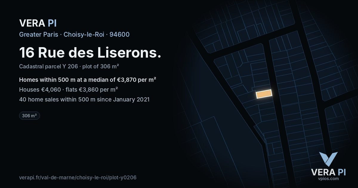 16 Rue des Liserons, Choisy-le-Roi at night – the plot lit, the parcels around coloured by the prices near them