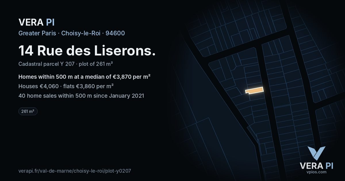 14 Rue des Liserons, Choisy-le-Roi at night – the plot lit, the parcels around coloured by the prices near them