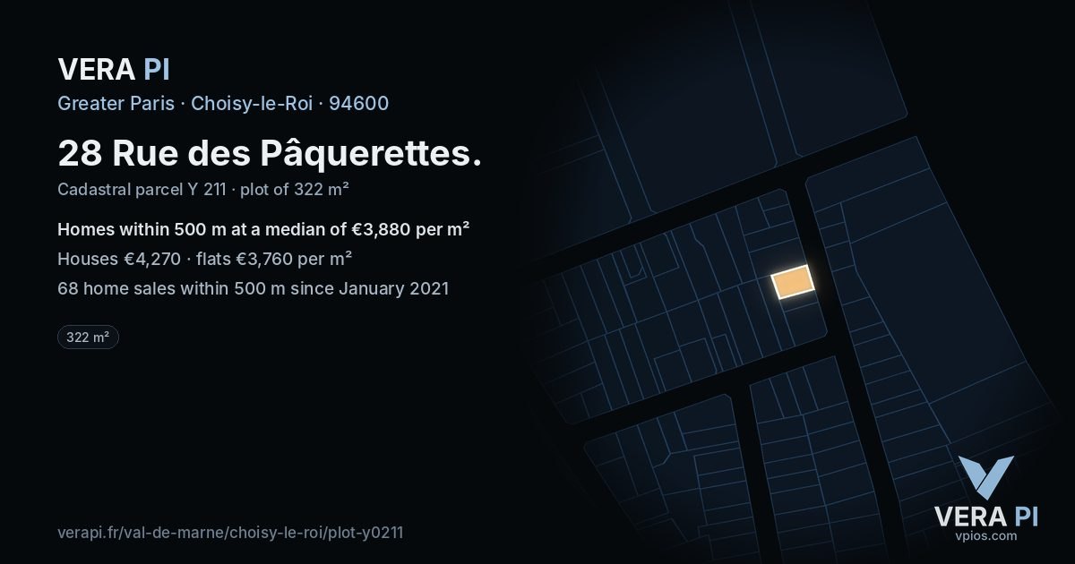 28 Rue des Pâquerettes, Choisy-le-Roi at night – the plot lit, the parcels around coloured by the prices near them