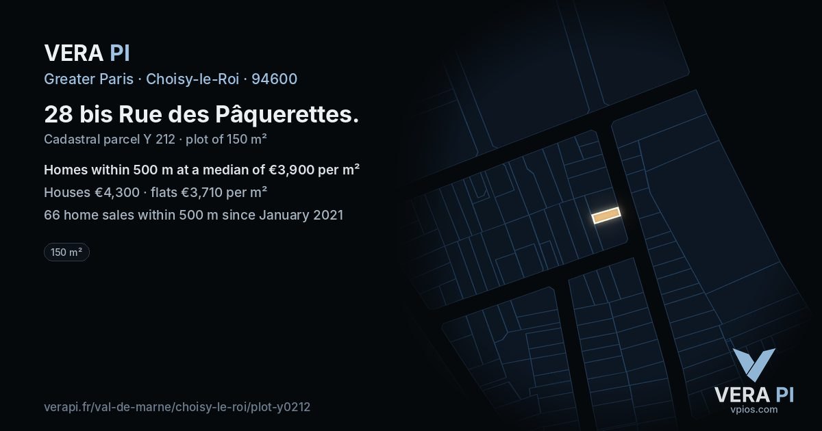 28 bis Rue des Pâquerettes, Choisy-le-Roi at night – the plot lit, the parcels around coloured by the prices near them
