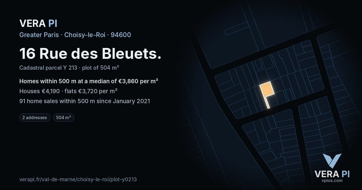 16 Rue des Bleuets, Choisy-le-Roi at night – the plot lit, the parcels around coloured by the prices near them