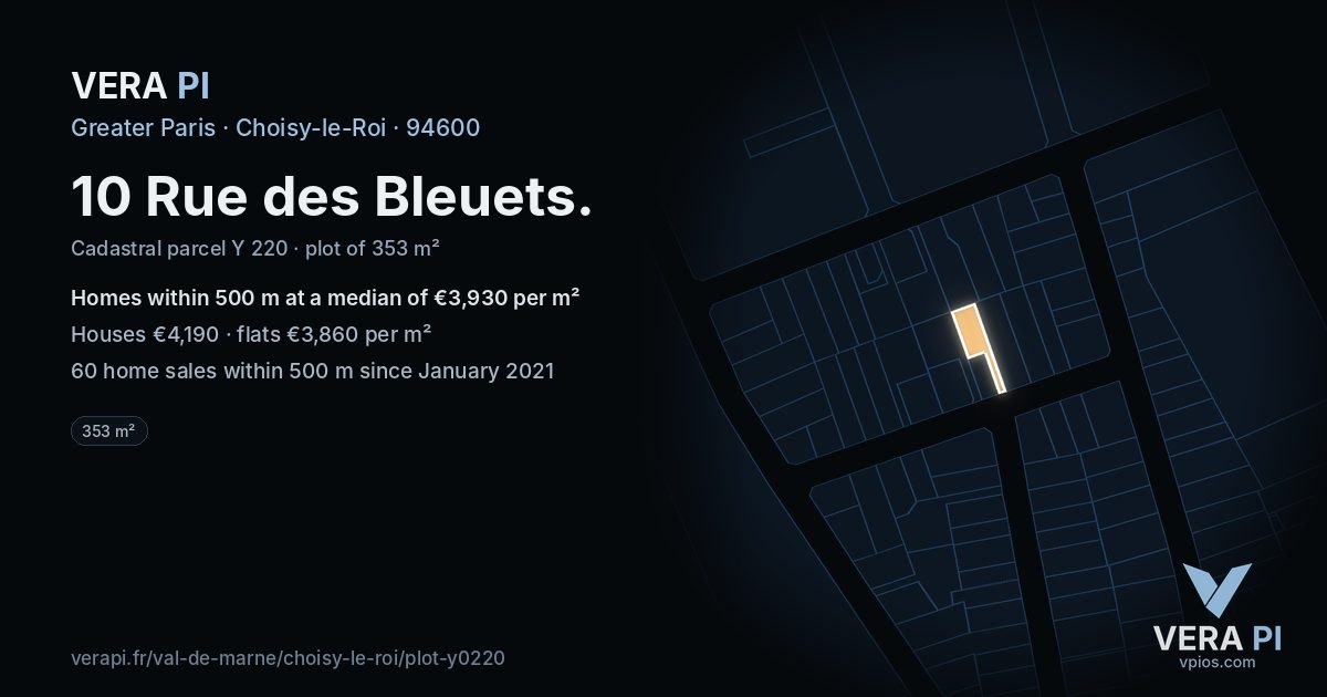 10 Rue des Bleuets, Choisy-le-Roi at night – the plot lit, the parcels around coloured by the prices near them