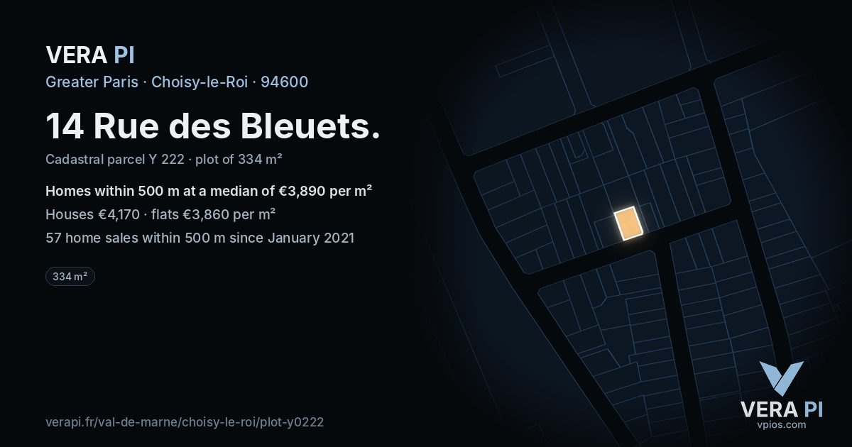 14 Rue des Bleuets, Choisy-le-Roi at night – the plot lit, the parcels around coloured by the prices near them