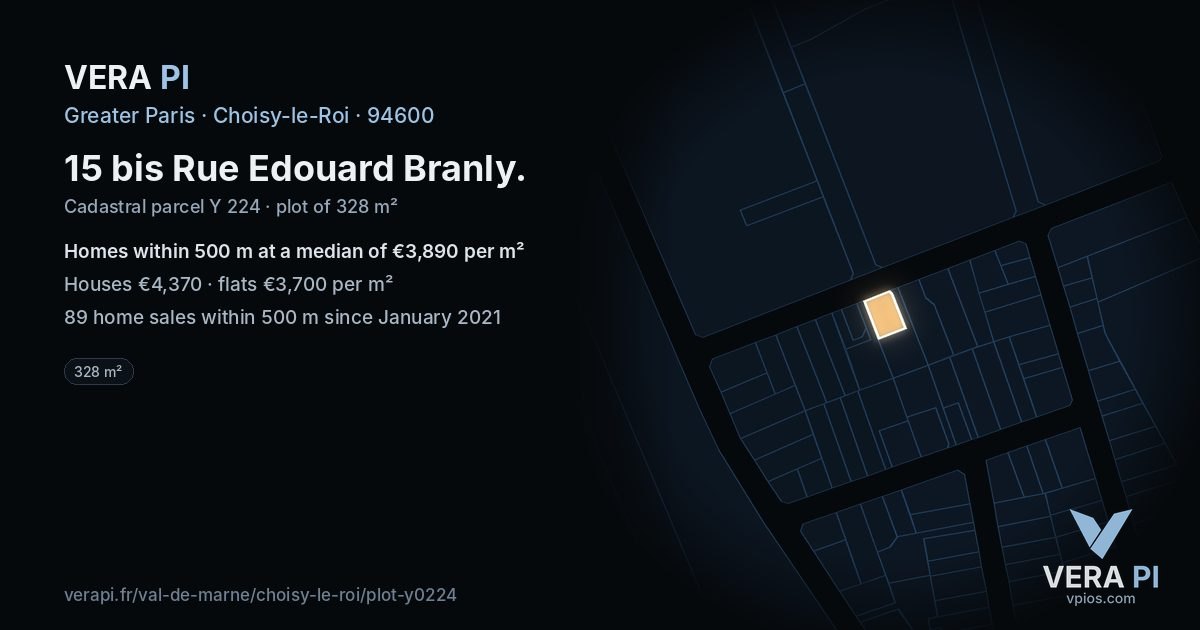15 bis Rue Edouard Branly, Choisy-le-Roi at night – the plot lit, the parcels around coloured by the prices near them
